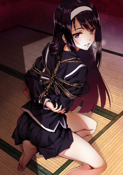 Anime picture 849x1200 with original matsuryuu single long hair tall image looking at viewer blush fringe breasts open mouth light erotic black hair smile sitting purple hair bent knee (knees) indoors pleated skirt pink eyes looking back