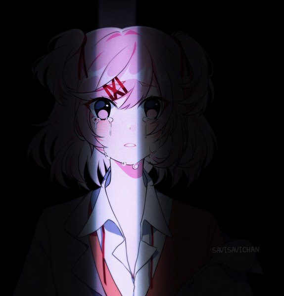 Anime picture 1280x1339 with doki doki literature club natsuki (doki doki literature club) savi (byakushimc) single tall image looking at viewer blush fringe short hair simple background hair between eyes signed pink hair upper body parted lips pink eyes off shoulder two side up tears black background