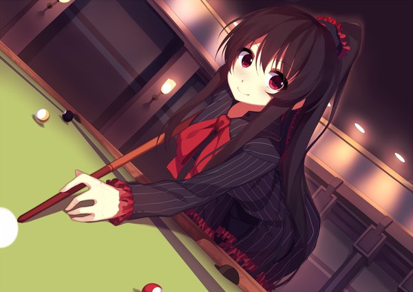 Anime picture 1131x800 with original kougetsu ran (original) riki-to single long hair blush black hair smile red eyes ponytail dutch angle billiards girl suit ball lamp cue stick pool table cue ball