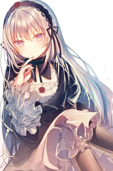 Anime picture 980x1480 with rozen maiden suigintou yosuga ioru single long hair tall image blush fringe simple background hair between eyes white background sitting holding looking away silver hair long sleeves head tilt pink eyes light smile crossed legs