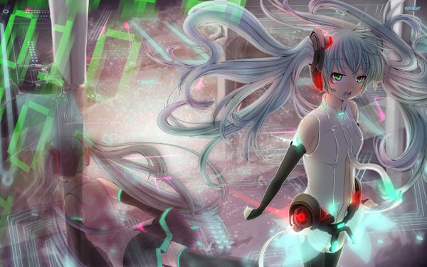 Anime picture 2560x1600 with vocaloid vocaloid append hatsune miku hatsune miku (append) single long hair fringe highres breasts wide image twintails aqua hair glowing falling girl thighhighs skirt detached sleeves shirt bodysuit