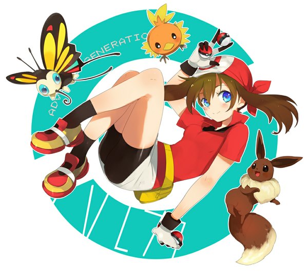 Anime picture 1015x907 with pokemon pokemon rse nintendo may (pokemon) eevee torchic beautifly kippu single long hair blush fringe blue eyes smile hair between eyes brown hair looking away bent knee (knees) gen 1 pokemon gen 3 pokemon