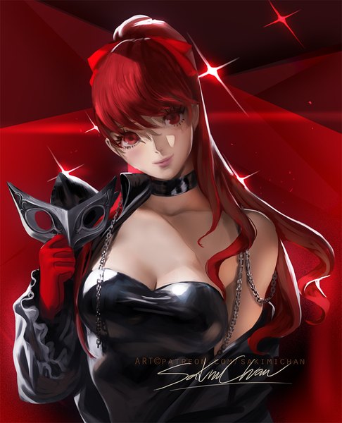 Anime picture 810x1000 with persona 5 persona persona 5 the royal yoshizawa kasumi sakimichan single long hair tall image looking at viewer blush fringe breasts light erotic simple background hair between eyes red eyes large breasts standing holding signed