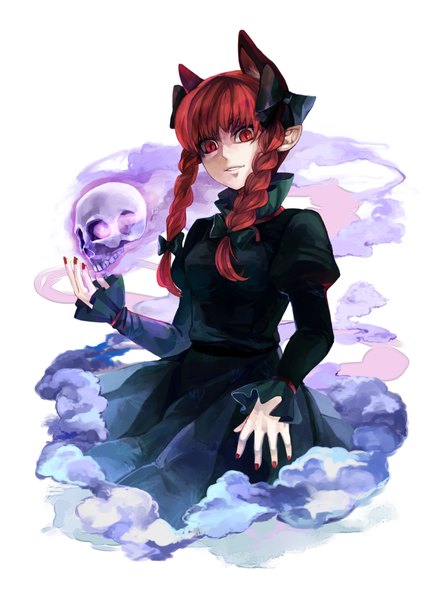 Anime picture 752x1017 with touhou kaenbyou rin oburaato single long hair tall image looking at viewer fringe simple background red eyes white background animal ears red hair braid (braids) nail polish pointy ears cat ears cat girl twin braids glowing