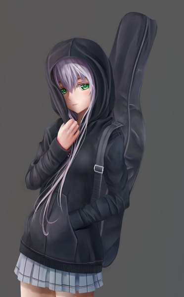 Anime picture 1242x2000 with vocaloid aki99 single long hair tall image looking at viewer green eyes silver hair grey background adjusting hood girl skirt miniskirt jacket hood