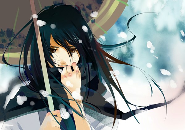 Anime picture 1024x724 with gintama sunrise (studio) katsura kotarou a-boo single long hair black hair brown eyes snowing winter cold boy scarf umbrella