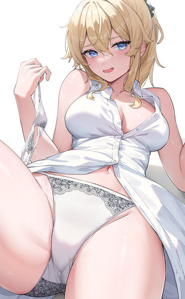 Anime-Bild 2154x3476 mit genshin impact jean gunnhildr rosumerii single long hair tall image looking at viewer fringe highres breasts open mouth blue eyes light erotic simple background blonde hair hair between eyes white background bare shoulders payot ponytail