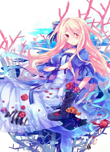 Anime picture 723x1000 with original ibara riato long hair tall image looking at viewer blonde hair red eyes girl dress flower (flowers) boots fish (fishes)