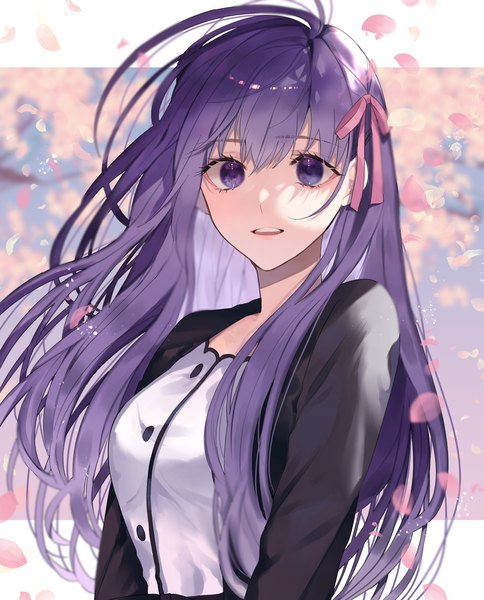 Anime picture 1499x1860 with fate (series) fate/stay night matou sakura shimatori (sanyyyy) single long hair tall image looking at viewer fringe breasts open mouth hair between eyes purple eyes purple hair upper body outdoors open jacket cherry blossoms girl ribbon (ribbons)