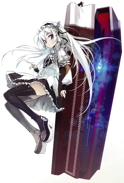 Anime picture 4000x5880 with hitsugi no chaika studio bones chaika trabant namaniku atk single long hair tall image looking at viewer blush highres simple background white background purple eyes absurdres white hair scan official art zettai ryouiki lolita fashion girl