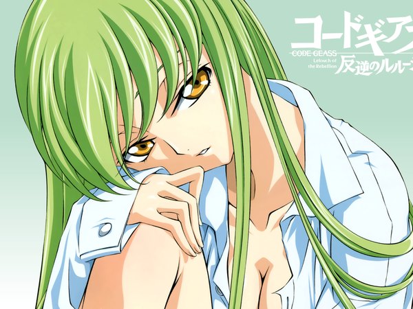 Anime picture 1024x768 with code geass sunrise (studio) c.c. single long hair fringe breasts yellow eyes payot cleavage long sleeves parted lips head tilt green hair wallpaper girl shirt white shirt