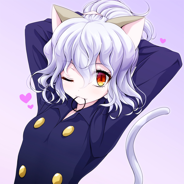 Anime picture 1000x1000 with hunter x hunter neferupito watarui single looking at viewer fringe short hair simple background smile hair between eyes red eyes holding animal ears upper body tail animal tail one eye closed wink cat ears cat girl