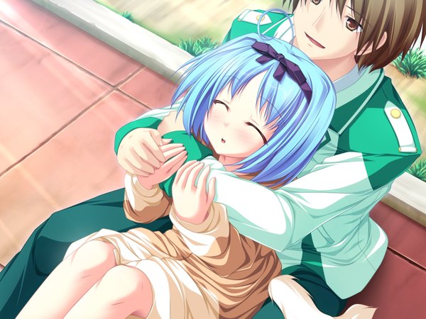 Anime picture 1600x1200 with magus tale whirlpool (studio) kujou yuuka amagase daiki tenmaso blush short hair open mouth brown hair sitting brown eyes blue hair game cg ahoge tail eyes closed animal tail hug girl boy