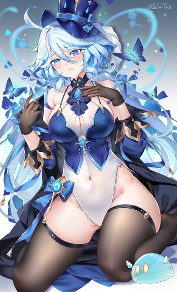 Anime picture 4500x7425 with genshin impact furina (genshin impact) slime (genshin impact) melailai single long hair tall image looking at viewer blush fringe highres breasts blue eyes light erotic hair between eyes large breasts bare shoulders signed absurdres silver hair