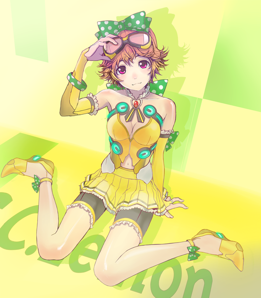 Anime picture 1000x1142 with original c.c. lemon c.c. lemon (character) manbou (manvow) single tall image looking at viewer blush short hair brown hair sitting bare shoulders full body pleated skirt pink eyes from above inscription arm support wariza polka dot