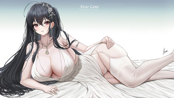 Anime picture 2000x1125 with azur lane taihou (azur lane) taihou (temptation on the sea breeze) (azur lane) piukute062 single long hair looking at viewer blush fringe highres breasts light erotic black hair simple background hair between eyes red eyes wide image signed cleavage ahoge