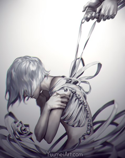 Anime-Bild 1000x1260 mit original yuumei tall image fringe short hair simple background hair between eyes bare shoulders holding signed payot silver hair upper body parted lips head tilt profile nude lips grey background leaning