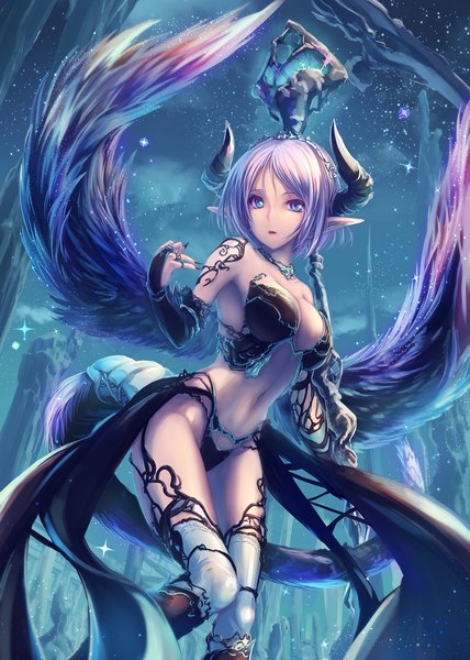 Anime picture 1488x2088 with original tenmaso single tall image short hair blue eyes light erotic looking away purple hair bent knee (knees) tail horn (horns) pointy ears night night sky girl hair ornament wings choker star (stars)