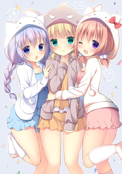 Anime picture 700x990 with gochuumon wa usagi desu ka? white fox kafuu chino hoto cocoa kirima sharo shibainu niki long hair tall image looking at viewer blush short hair open mouth blue eyes simple background blonde hair smile brown hair purple eyes twintails multiple girls