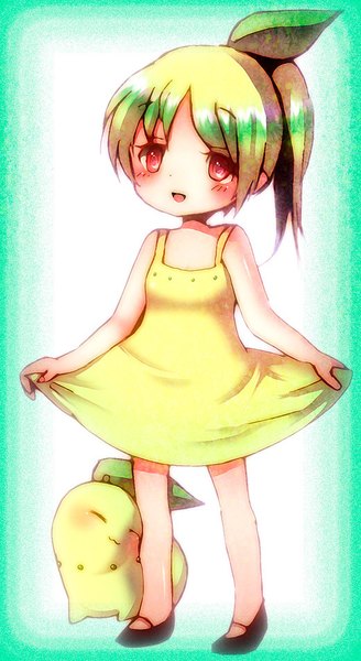 Anime picture 520x952 with pokemon original nintendo chikorita koroneri single tall image looking at viewer blush short hair open mouth simple background red eyes standing full body ponytail :d green hair border outside border