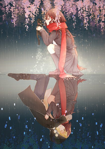Anime picture 800x1131 with kagerou project shaft (studio) tateyama ayano kano shuuya luoye long hair tall image fringe short hair blonde hair red eyes brown hair bent knee (knees) profile pleated skirt open clothes open jacket hug reflection squat