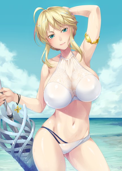 Anime picture 2271x3157 with fate (series) fate/grand order artoria pendragon (all) artoria pendragon (lancer) mukunokino isshiki single tall image looking at viewer blush fringe highres short hair breasts light erotic blonde hair large breasts standing holding payot sky