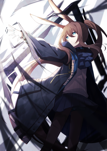 Anime picture 2894x4093 with arknights amiya (arknights) izuse reki single long hair tall image fringe highres blue eyes hair between eyes brown hair animal ears looking away ponytail bunny ears outstretched arm girl