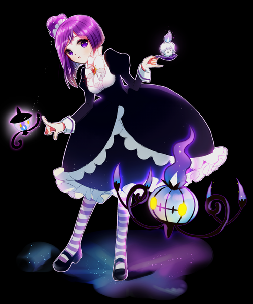 Anime picture 756x909 with pokemon cookie run nintendo chandelure litwick blackberry cookie lampent rarumi single tall image short hair open mouth simple background purple eyes looking away purple hair full body hair bun (hair buns) black background crossover