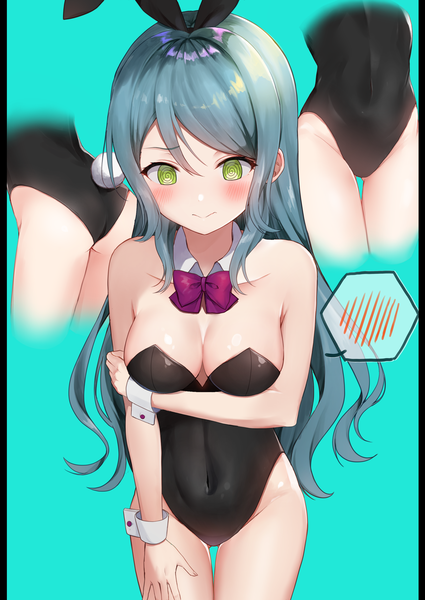 Anime picture 2081x2935 with bang dream! hikawa sayo mia (fai1510) long hair tall image blush fringe highres breasts light erotic hair between eyes large breasts standing bare shoulders green eyes animal ears cleavage tail animal tail green hair