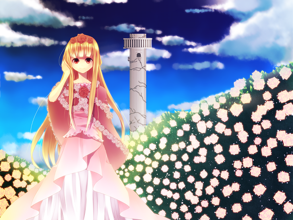 イラスト 1058x797 と sound horizon aoi koto madoka ソロ 長髪 カメラ目線 金髪 赤い目 空 cloud (clouds) hair flower 女の子 ドレス 髪飾り 花 tower