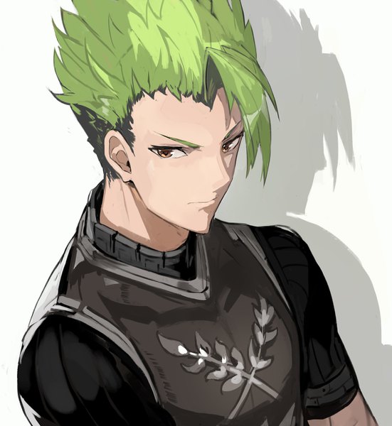 Anime picture 1200x1306 with fate (series) fate/apocrypha achilles (fate) alchemaniac single tall image looking at viewer short hair simple background white background brown eyes green hair from above shadow boy