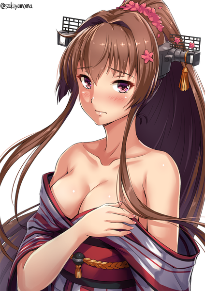 Anime picture 800x1131 with kantai collection yamato super battleship sakiyamama single long hair tall image looking at viewer blush fringe breasts light erotic simple background hair between eyes brown hair large breasts white background bare shoulders signed payot ponytail