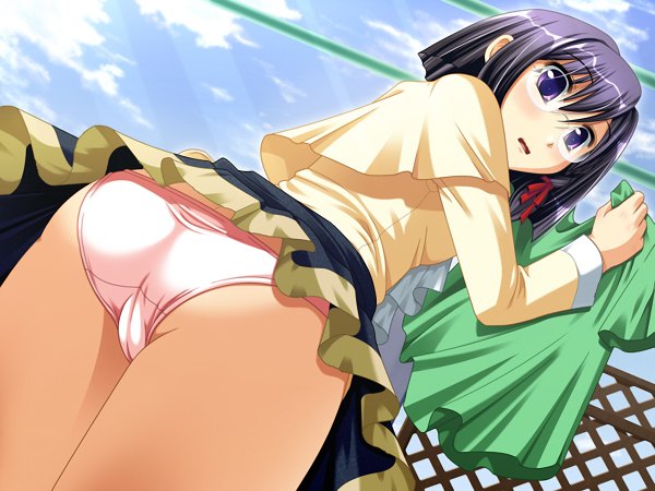 Anime picture 1200x900 with futari no erika short hair light erotic black hair purple eyes game cg pantyshot looking down girl underwear panties