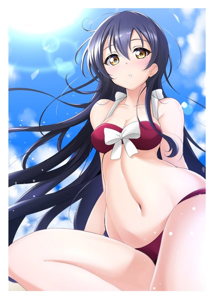 Anime picture 1110x1554 with love live! school idol project sunrise (studio) love live! sonoda umi kirisaki reina single long hair tall image looking at viewer blush fringe breasts light erotic hair between eyes sitting yellow eyes blue hair sky cloud (clouds) outdoors
