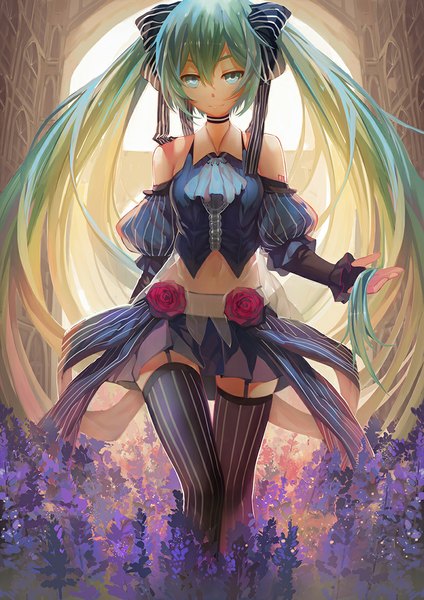 Anime picture 800x1132 with vocaloid hatsune miku cg~~lolita single tall image looking at viewer twintails very long hair aqua eyes aqua hair bare belly tattoo zettai ryouiki girl thighhighs skirt navel flower (flowers) ribbon (ribbons) hair ribbon