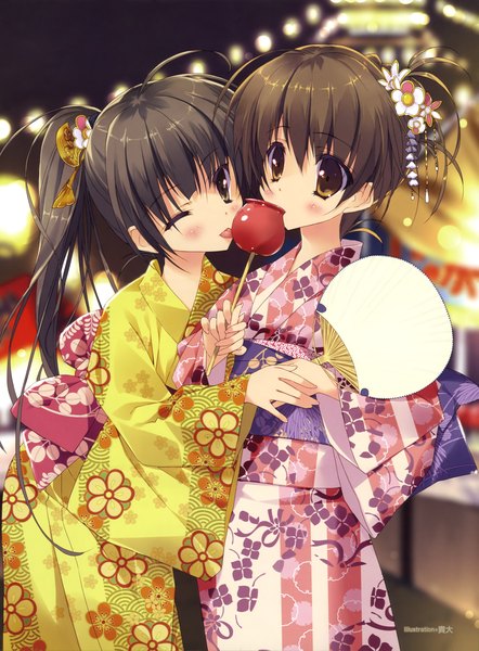Anime picture 3535x4799 with tsurusaki takahiro long hair tall image blush highres short hair black hair smile brown hair multiple girls holding brown eyes absurdres ponytail traditional clothes japanese clothes one eye closed hair flower wink night