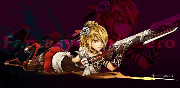 Anime picture 1442x711 with fantasy earth zero single long hair looking at viewer simple background blonde hair smile red eyes wide image lying pleated skirt inscription shadow dark background zoom layer logo girl skirt gloves hair ornament