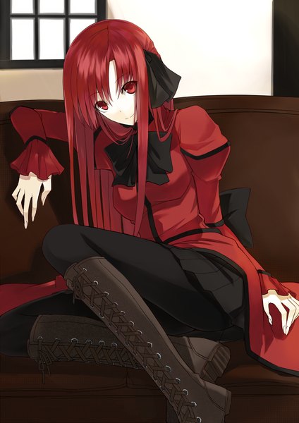 Anime picture 1000x1414 with original kushia microphylla kauto single long hair tall image red eyes red hair girl dress skirt miniskirt boots couch