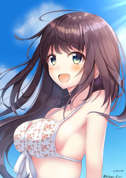 Anime picture 2150x3035 with original aihime riyo single long hair tall image looking at viewer blush fringe highres breasts open mouth blue eyes light erotic brown hair large breasts bare shoulders signed payot sky cloud (clouds)