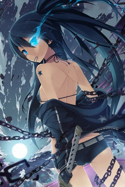 Anime picture 800x1200 with black rock shooter black rock shooter (character) tel-o single long hair tall image looking at viewer blue eyes light erotic black hair twintails holding cloud (clouds) long sleeves looking back tattoo mouth hold scar girl weapon