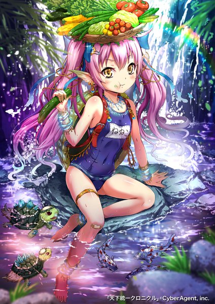 Anime picture 800x1131 with tenkuu no crystalia sakiyamama single long hair tall image looking at viewer blush fringe light erotic hair between eyes sitting twintails bare shoulders holding yellow eyes payot pink hair full body outdoors multicolored hair