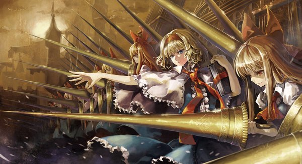 Anime picture 1500x819 with touhou alice margatroid shanghai hourai tsurukame blue eyes blonde hair red eyes wide image multiple girls looking away outstretched arm girl dress bow weapon hair bow hairband book (books) mantle