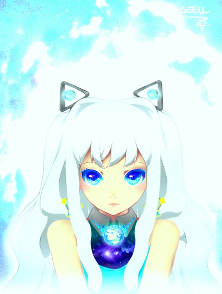Anime picture 969x1280 with vocaloid seeu leda single long hair tall image looking at viewer blush fringe blue eyes bare shoulders animal ears cat ears aqua hair girl hair ornament star (symbol) planet earth
