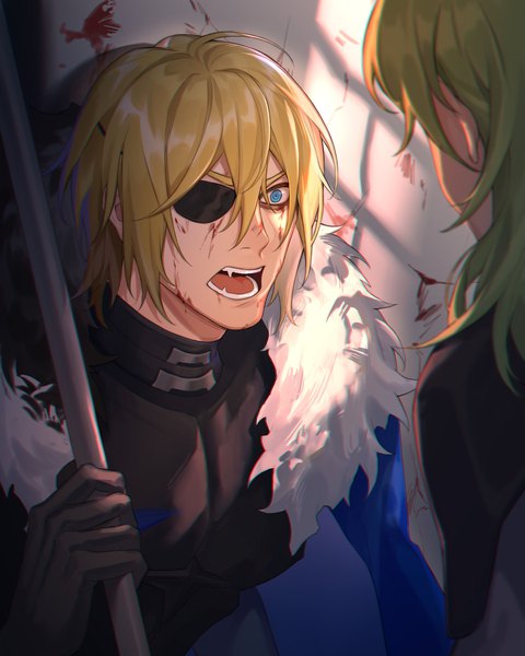 Anime picture 1600x2000 with fire emblem fire emblem: three houses nintendo byleth (fire emblem) dimitri alexandre blaiddyd byleth (female) (fire emblem) enlightened byleth (female) kyounatsuu long hair tall image fringe short hair open mouth blue eyes blonde hair hair between eyes holding looking away upper body green hair