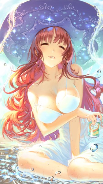 Anime picture 1080x1920 with original lisong shen single long hair tall image blush fringe breasts light erotic smile large breasts sitting holding sky cleavage bent knee (knees) outdoors red hair blunt bangs eyes closed