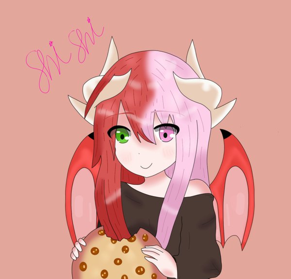 Anime picture 1480x1419 with original shishi gum single long hair blush fringe simple background smile hair between eyes holding green eyes signed pink hair red hair pink eyes multicolored hair horn (horns) off shoulder two-tone hair heterochromia