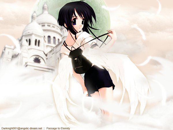 Anime picture 1024x768 with sasaki mutsumi uiien-chan single long hair looking at viewer blue eyes black hair angel wings third-party edit girl wings building (buildings) bag halo feather (feathers)