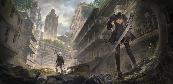 Anime picture 4112x2006 with nier nier:automata yorha no. 2 type b yorha no. 9 type s rayxray fringe highres short hair wide image standing absurdres sky cloud (clouds) full body outdoors white hair high heels puffy sleeves hand on hip city