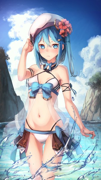 Anime picture 1080x1920 with original lee-chan (saraki) saraki single long hair tall image blush fringe breasts blue eyes light erotic hair between eyes standing payot blue hair sky cleavage cloud (clouds) outdoors embarrassed