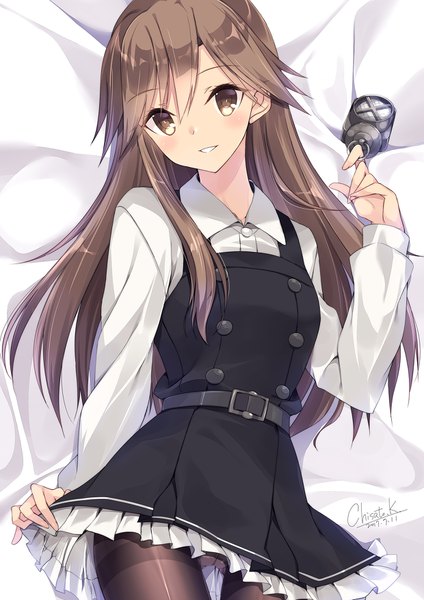 Anime picture 1240x1754 with kantai collection arashio destroyer kobayashi chisato single long hair tall image looking at viewer blush light erotic smile brown hair holding brown eyes signed long sleeves arm up fingernails dated frilled dress remodel (kantai collection)